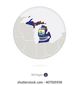 Map of Michigan State and flag in a circle. Michigan US State map contour with flag. Vector Illustration.