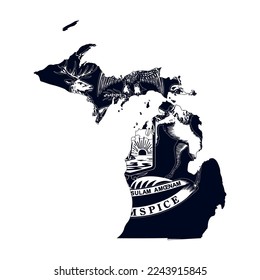 Mapa del estado de Michigan con la bandera oficial en color blanco y negro aislado en fondo blanco. Ilustración del vector