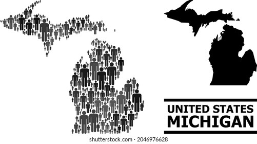 Map of Michigan State for politics promotion. Vector demographics abstraction. Abstraction map of Michigan State organized of human elements. Demographic concept in dark gray color tints.