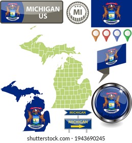 Map of Michigan state, US with flag and counties. Vector image
