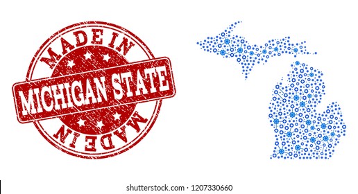 Map of Michigan State vector mosaic and Made In grunge stamp. Map of Michigan State designed with blue cog connections. Made in red seal with unclean rubber texture.