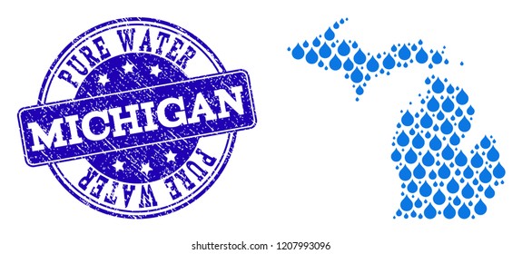 Map of Michigan State vector mosaic and Pure Water grunge stamp. Map of Michigan State formed with blue water raindrops. Seal with grunge rubber texture for clear drinking water.