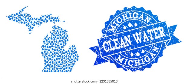 Map of Michigan State vector mosaic and clean water grunge stamp. Map of Michigan State composed with blue water tears. Seal with corroded rubber texture for natural drinking water.