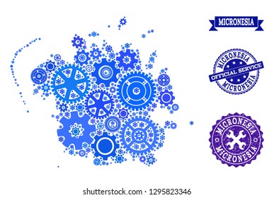 Map of Micronesia island designed with blue wheel symbols, and isolated scratched stamps for official repair services.