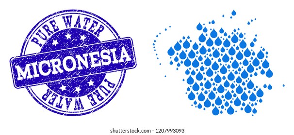 Map of Micronesia island vector mosaic and Pure Water grunge stamp. Map of Micronesia island formed with blue water raindrops. Seal with grunge rubber texture for pure drinking water.