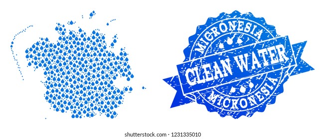 Map of Micronesia island vector mosaic and clean water grunge stamp. Map of Micronesia island formed with blue liquid tears. Seal with scratched rubber texture for clear drinking water.