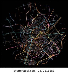 Map of Middelburg, Zeeland with all major and minor roads, railways and waterways. Colorful line art on black background.