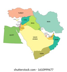 Map of Middle East with borders of countries