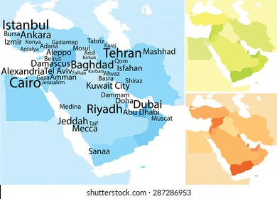 Map of Middle East. Carefully scaled text by city population. Geographically correct.