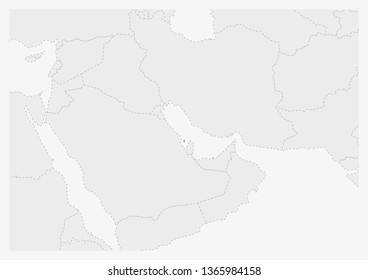 Map of Middle East with highlighted Bahrain map, gray map of Bahrain with neighboring countries
