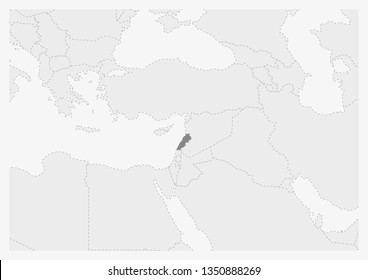 Map of Middle East with highlighted Lebanon map, gray map of Lebanon with neighboring countries