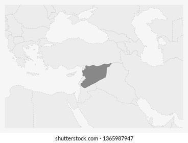 Map of Middle East with highlighted Syria map, gray map of Syria with neighboring countries
