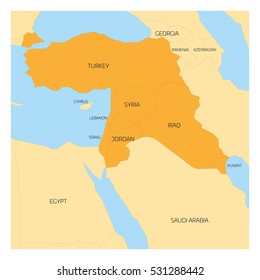 Map of Middle East or Near East transcontinental region with orange highlighted Turkey, Syria, Iraq, Jordan, Lebanon and Israel. Flat map with yellow land, thin black borders and blue sea.