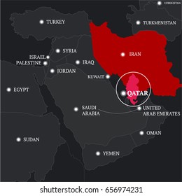 Map of Middle East or Near East transcontinental region Saudi Arabia, Turkey, Iran, Iraq, Qatar, Bahrain, united arab emirates, Syria, Yemen, Palestine, Israel, Jordan, Turkmenistan, Oman Egypt flat