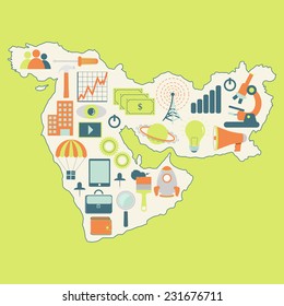 Map of Middle East with technology icons. Contour map of Middle East with icons of technology, business, science, communication