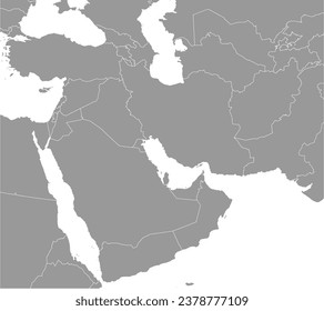 Map Middle East vector. Gray similar Middle East map blank vector on transparent background.  Gray similar  map with borders of all countries with  Turkey, Israel, Armenia, Georgia, Azerbaijan. EPS10.