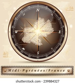 Map of Midi-Pyrenees with borders in bronze
