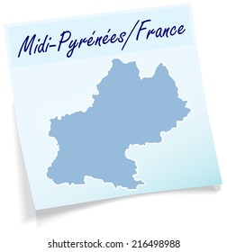 Map of Midi-Pyrenees as sticky note in blue