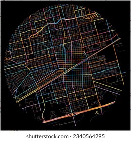Map of Midland, Texas with all major and minor roads, railways and waterways. Colorful line art on black background.