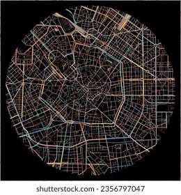 Map of Milan, Lombardy with all major and minor roads, railways and waterways. Colorful line art on black background.