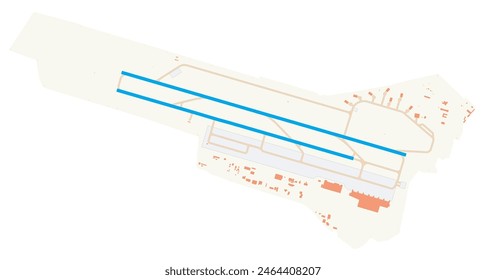 Map of Milas-Bodrum Airport (Turkey). IATA-code: BJV. Airport diagram with runways, taxiways, apron, parking areas and buildings. Map Data from OpenStreetMap.