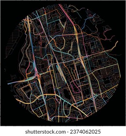 Map of Milpitas, California with all major and minor roads, railways and waterways. Colorful line art on black background.