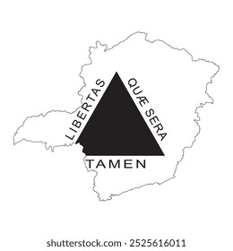 Mapa do estado de Minas Gerais com sua bandeira oficial em branco e preto isolado sobre fundo branco. Ilustração vetorial