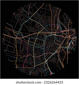 Map of Minden, North Rhine-Westphalia with all major and minor roads, railways and waterways. Colorful line art on black background.