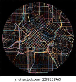 Map of Minneapolis, Minnesota with all major and minor roads, railways and waterways. Colorful line art on black background.