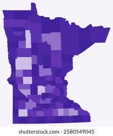 Map of Minnesota with counties. Just a simple state border map with county division. Deep purple color palette. Plain State of Minnesota shape with administrative division. Vector illustration.