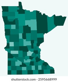 Map of Minnesota with counties. Just a simple state border map with county division. Teal color palette. Plain State of Minnesota shape with administrative division. Vector illustration.