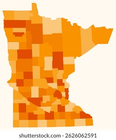 Mapa de Minnesota com condados. Apenas um simples mapa da fronteira do estado com a divisão do condado. Paleta de cores laranja. Estado em branco de Minnesota forma com divisão administrativa. Ilustração vetorial.