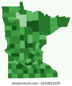 Map of Minnesota with counties. Just a simple state border map with county division. Green color palette. Flat State of Minnesota shape with administrative division. Vector illustration.
