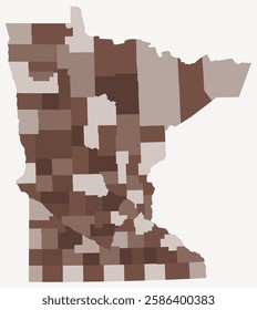 Map of Minnesota with counties. A simple state border map with county divisions. Brown color palette. Flat design of the State of Minnesota shape with administrative divisions. Vector illustration.