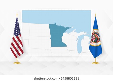 Map of Minnesota and flags of Minnesota on flag stand. Vector illustration for diplomacy meeting.