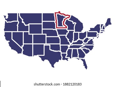 Map of  Minnesota. The map shows the location of Minnesota in the USA. The map is colored with the colors of the USA flag. This file is appropriate for digital editing and prints of all sizes.