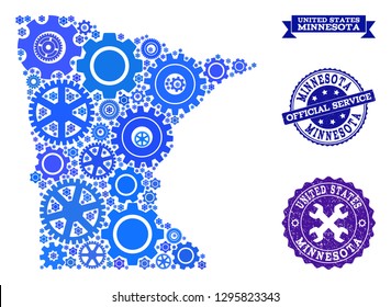 Map of Minnesota State created with blue cog symbols, and isolated grunge seals for official repair services. Vector abstract collage of map of Minnesota State with repair symbols in blue color tints.