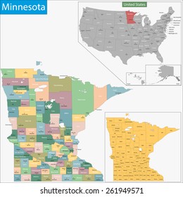 Map Of Minnesota State Designed In Illustration With The Counties And The County Seats