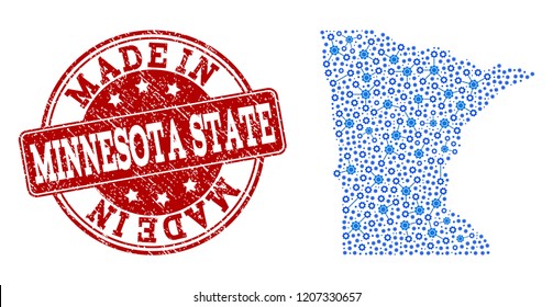 Map of Minnesota State vector mosaic and Made In grunge stamp. Map of Minnesota State formed with blue cog connections. Made in red seal with distress rubber texture.