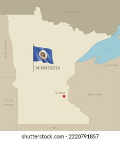 Map of Minnesota USA federal state with waving flag. Highly detailed editable map of Minnesota state with territory borders, neighboring states and St Paul capital city vector illustration