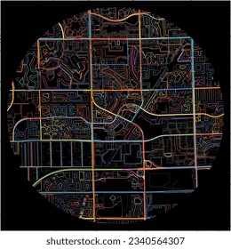 Map of Miramar, Florida with all major and minor roads, railways and waterways. Colorful line art on black background.