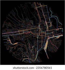 Map of Miskolc, Borsod-Abaúj-Zemplén with all major and minor roads, railways and waterways. Colorful line art on black background.
