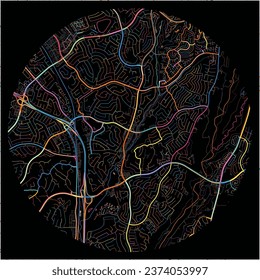 Mapa de MissionViejo, California con todas las carreteras principales y menores, vías férreas y vías fluviales. Coloridas líneas de arte sobre fondo negro.