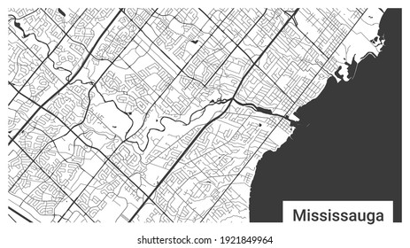 Map of Mississauga city, Ontario, Canada. Horizontal background map poster black and white land, streets and rivers. 1920 1080 proportions. Royalty free grayscale graphic vector illustration.