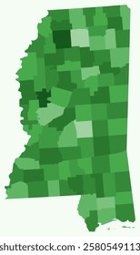 Map of Mississippi with counties. Just a simple state border map with county division. Green color palette. Flat State of Mississippi shape with administrative division. Vector illustration.