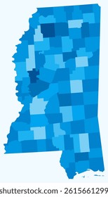Map of Mississippi with counties. Just a simple state border map with county division. Light blue color palette. Blank State of Mississippi shape with administrative division. Vector illustration.