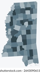 Mapa do Mississippi com condados. Apenas um simples mapa da fronteira do estado com a divisão do condado. Paleta de cores cinza azul. Estado em branco do Mississippi forma com divisão administrativa. Ilustração vetorial.