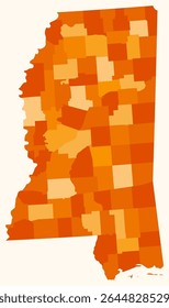 Map of Mississippi with counties. A simple state border map with county divisions in an orange color palette. A blank vector illustration of the State of Mississippi with administrative divisions.