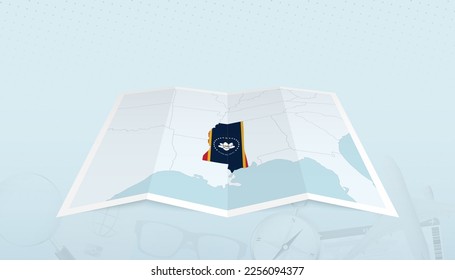 Map of Mississippi with the flag of Mississippi in the contour of the map on a trip abstract backdrop. Travel illustration.
