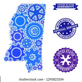 Map of Mississippi State created with blue cog symbols, and isolated rubber stamps for official repair services.